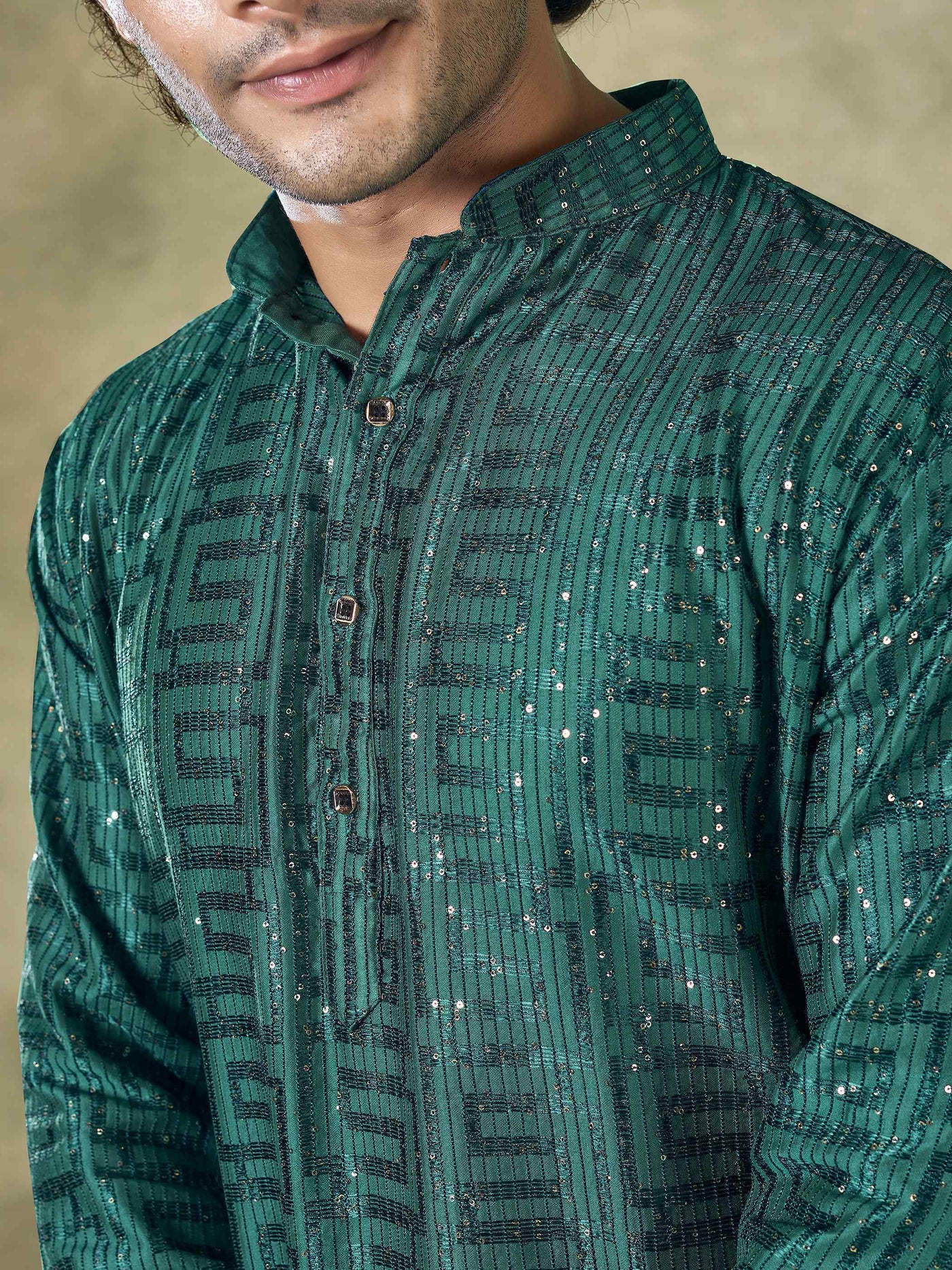 Green Viscose Thread Sequence Men's Kurta