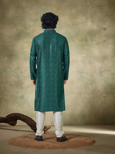 Green Viscose Thread Sequence Men's Kurta