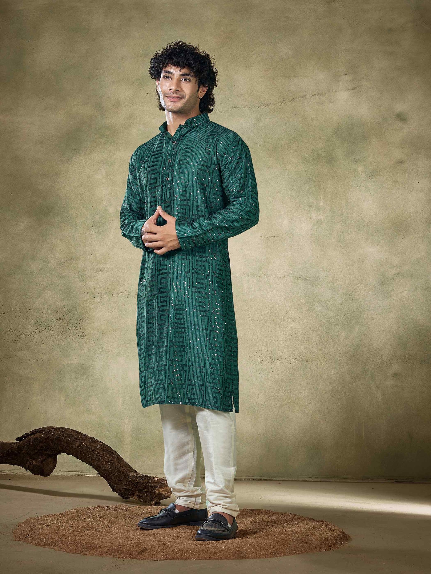 Green Viscose Thread Sequence Men's Kurta