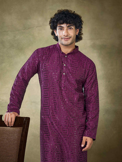 Wine Viscose Thread Sequence Men's Kurta