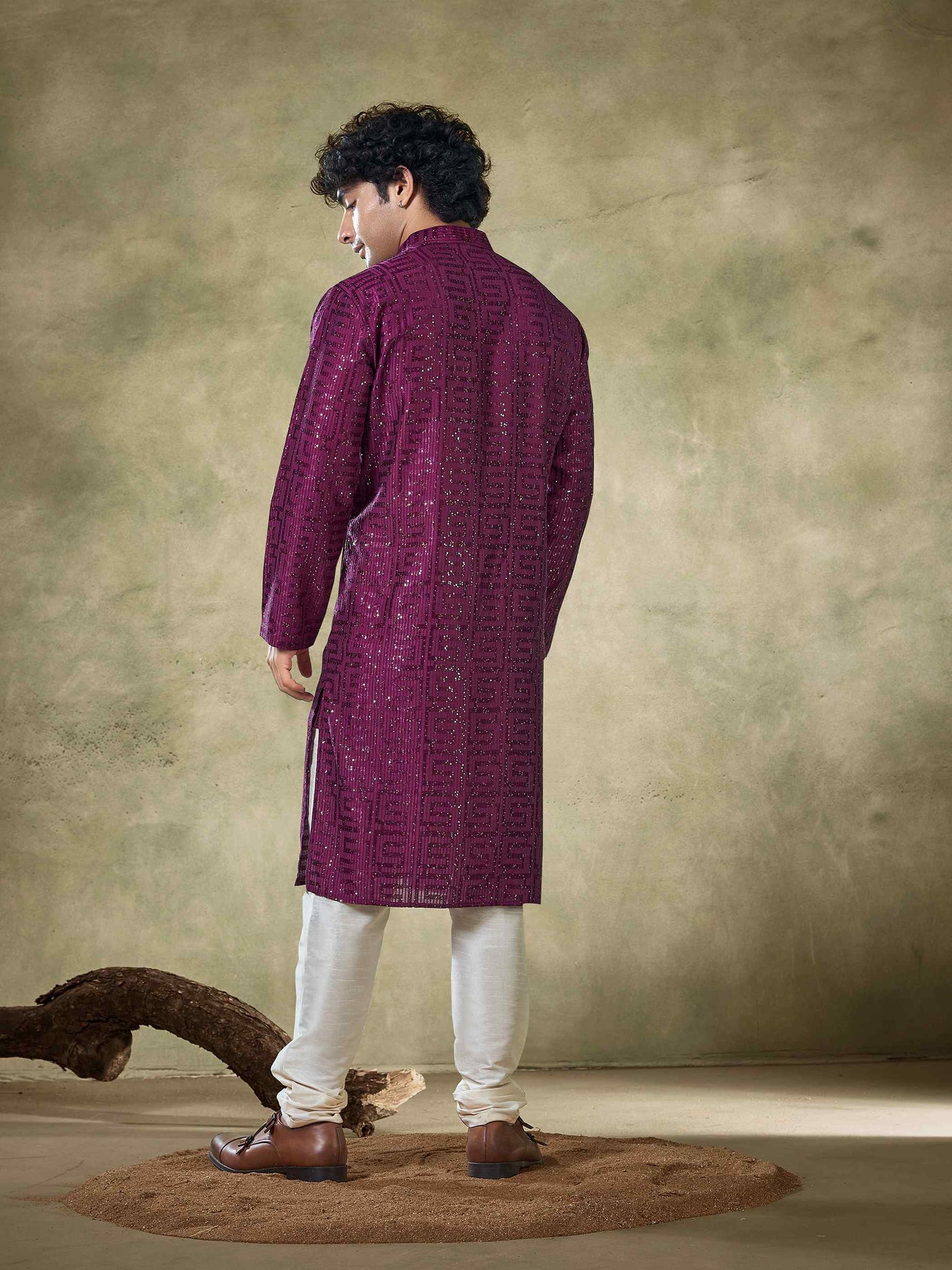 Wine Viscose Thread Sequence Men's Kurta