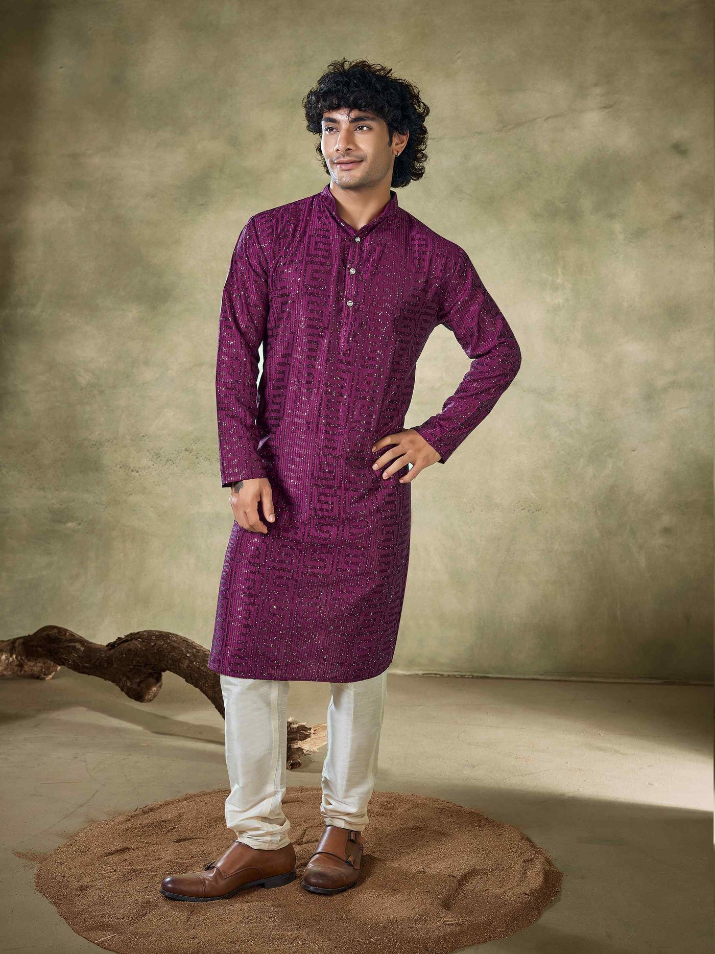 Wine Viscose Thread Sequence Men's Kurta