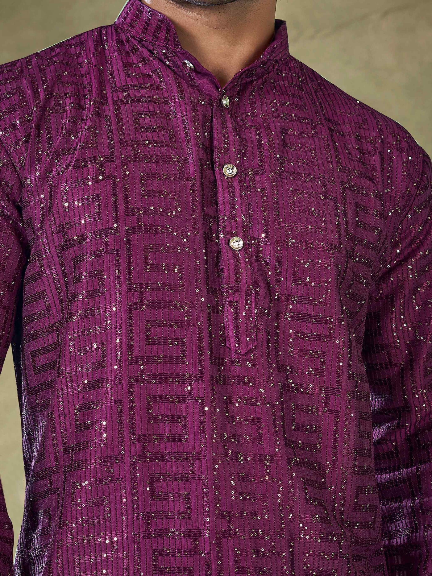 Wine Viscose Thread Sequence Men's Kurta