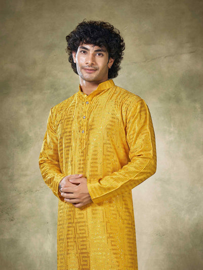 Yellow Viscose Thread Sequence Men's Kurta