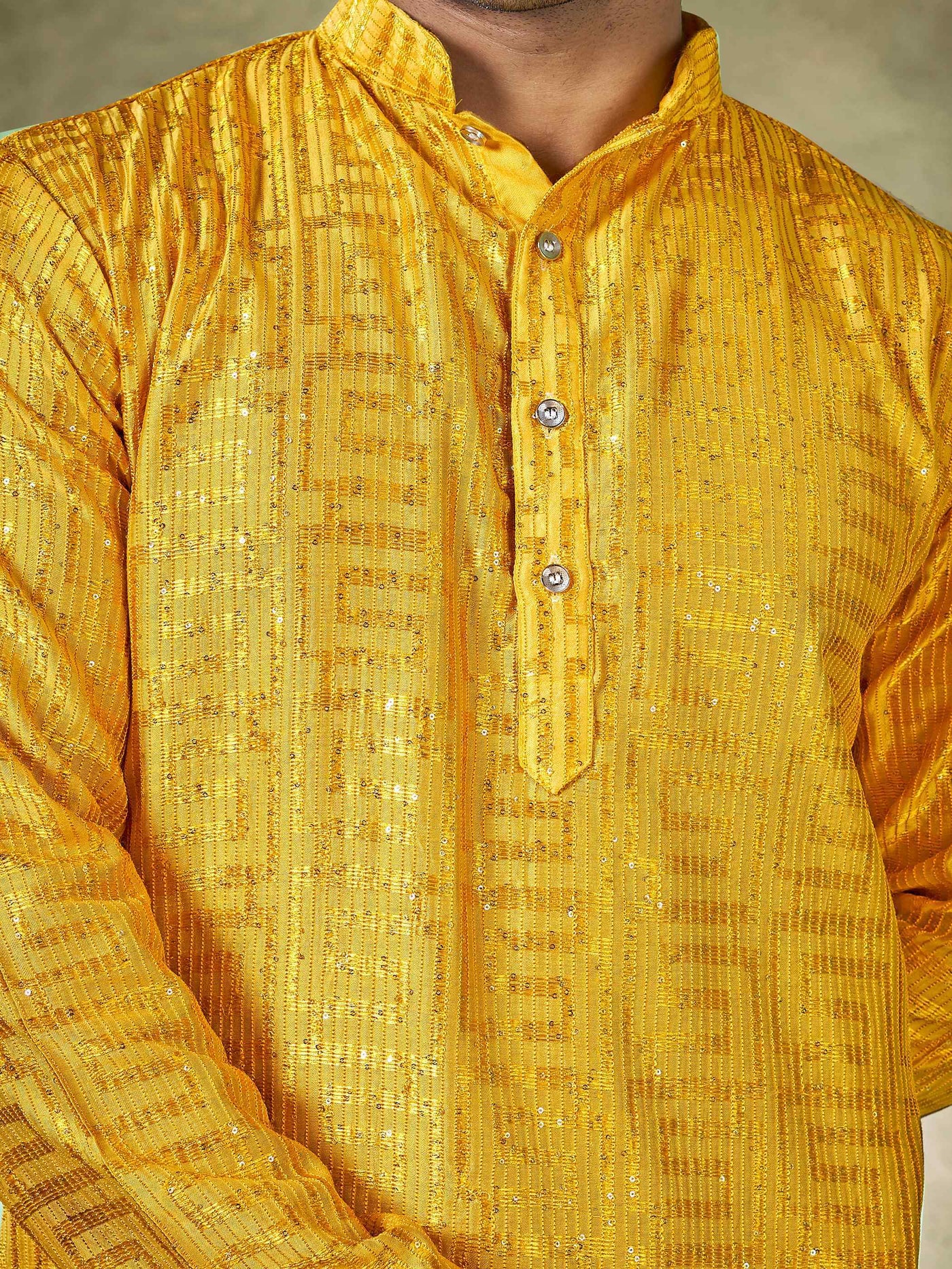 Yellow Viscose Thread Sequence Men's Kurta