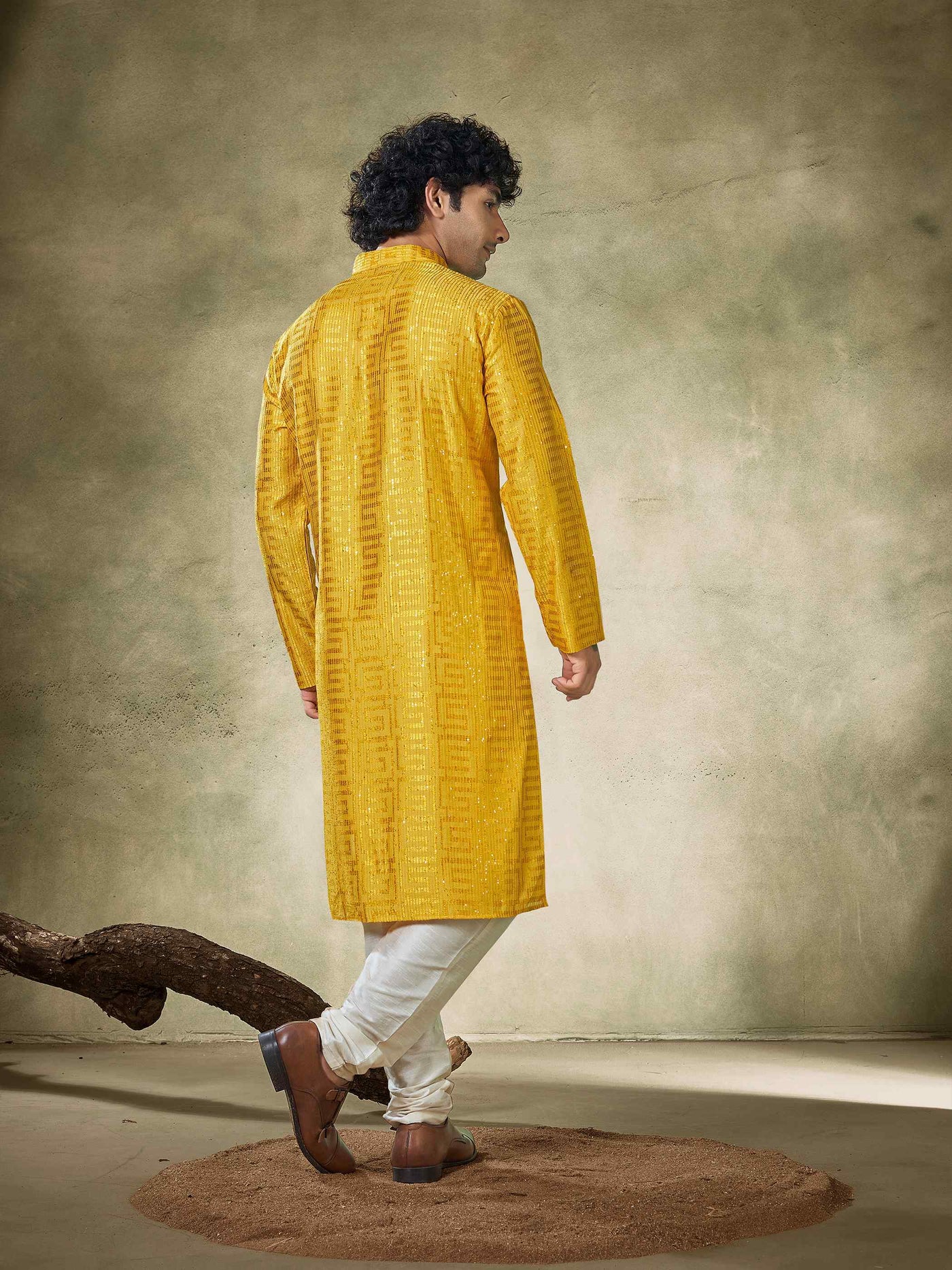 Yellow Viscose Thread Sequence Men's Kurta