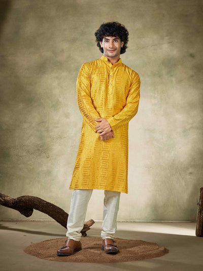 Yellow Viscose Thread Sequence Men's Kurta