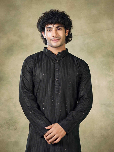 Midnight Black Linear Sequin Men's Kurta