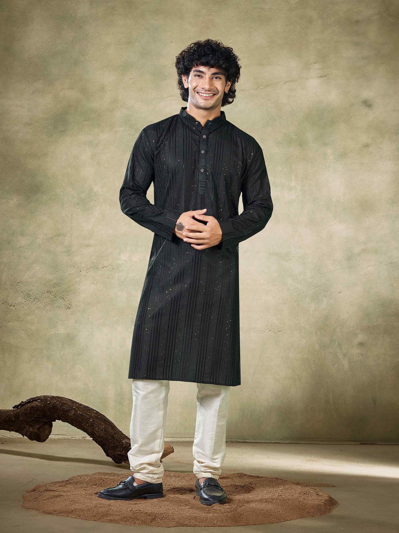 Midnight Black Linear Sequin Men's Kurta