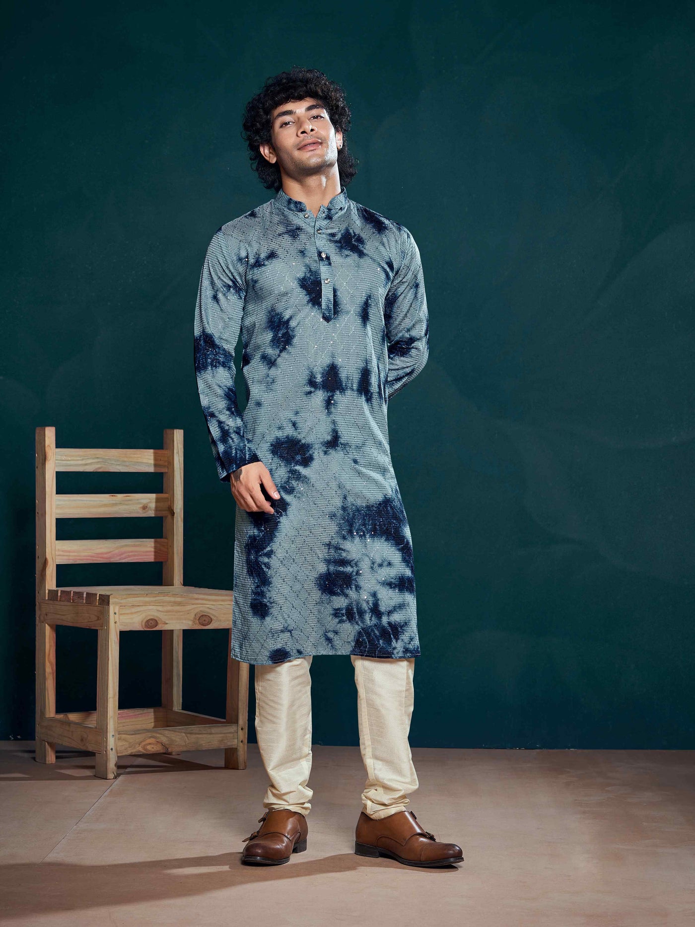 Flowy Blue Shibori Dyed Viscose Sequence Men's Kurta