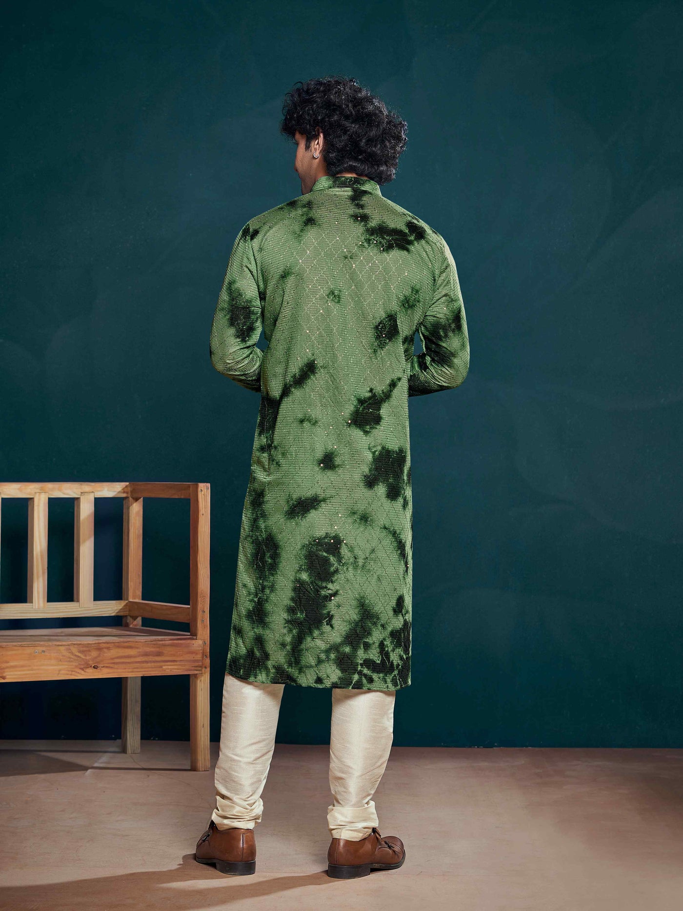 Flowy Green Shibori Dyed Viscose Sequence Men's Kurta