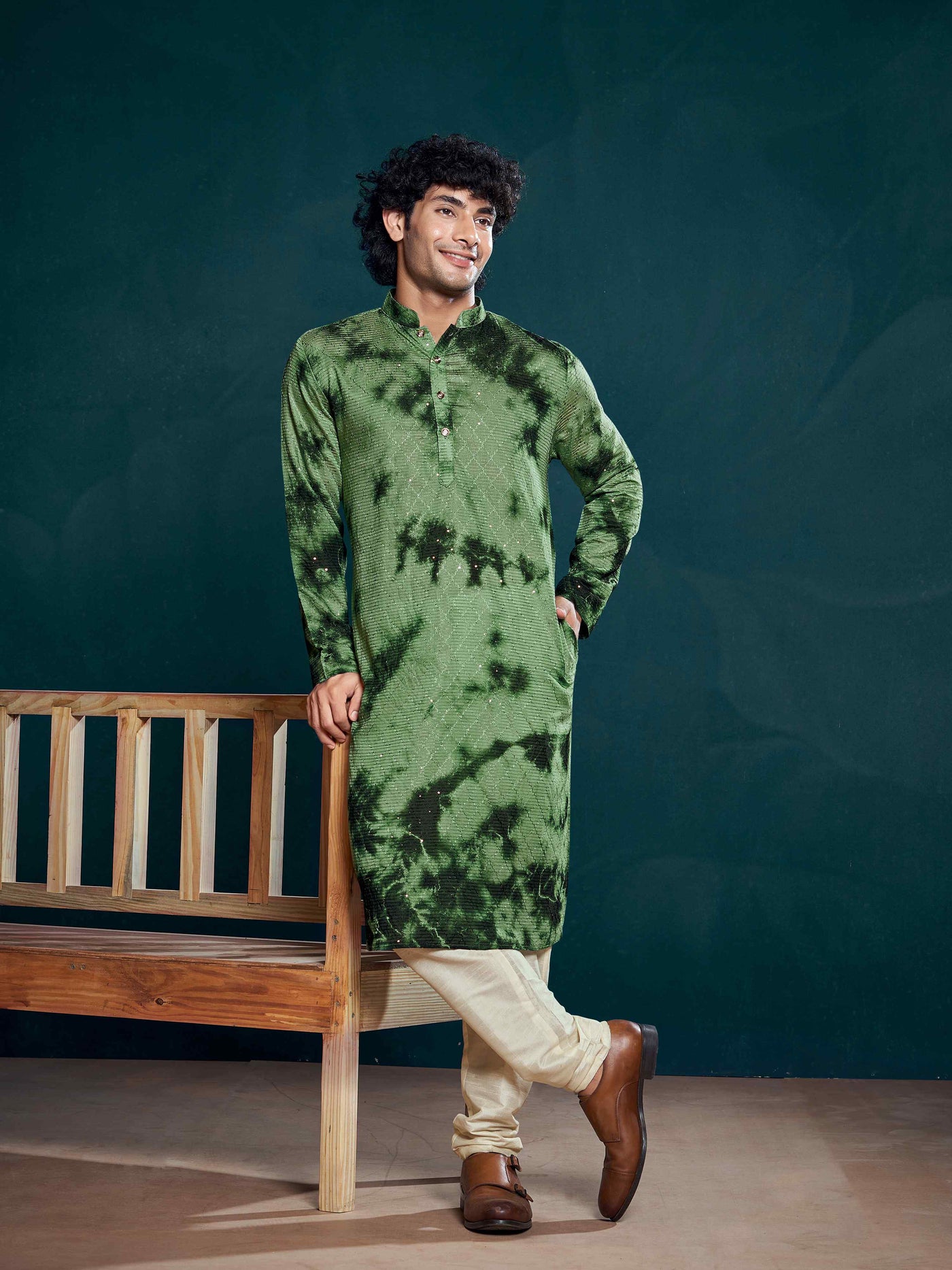 Flowy Green Shibori Dyed Viscose Sequence Men's Kurta