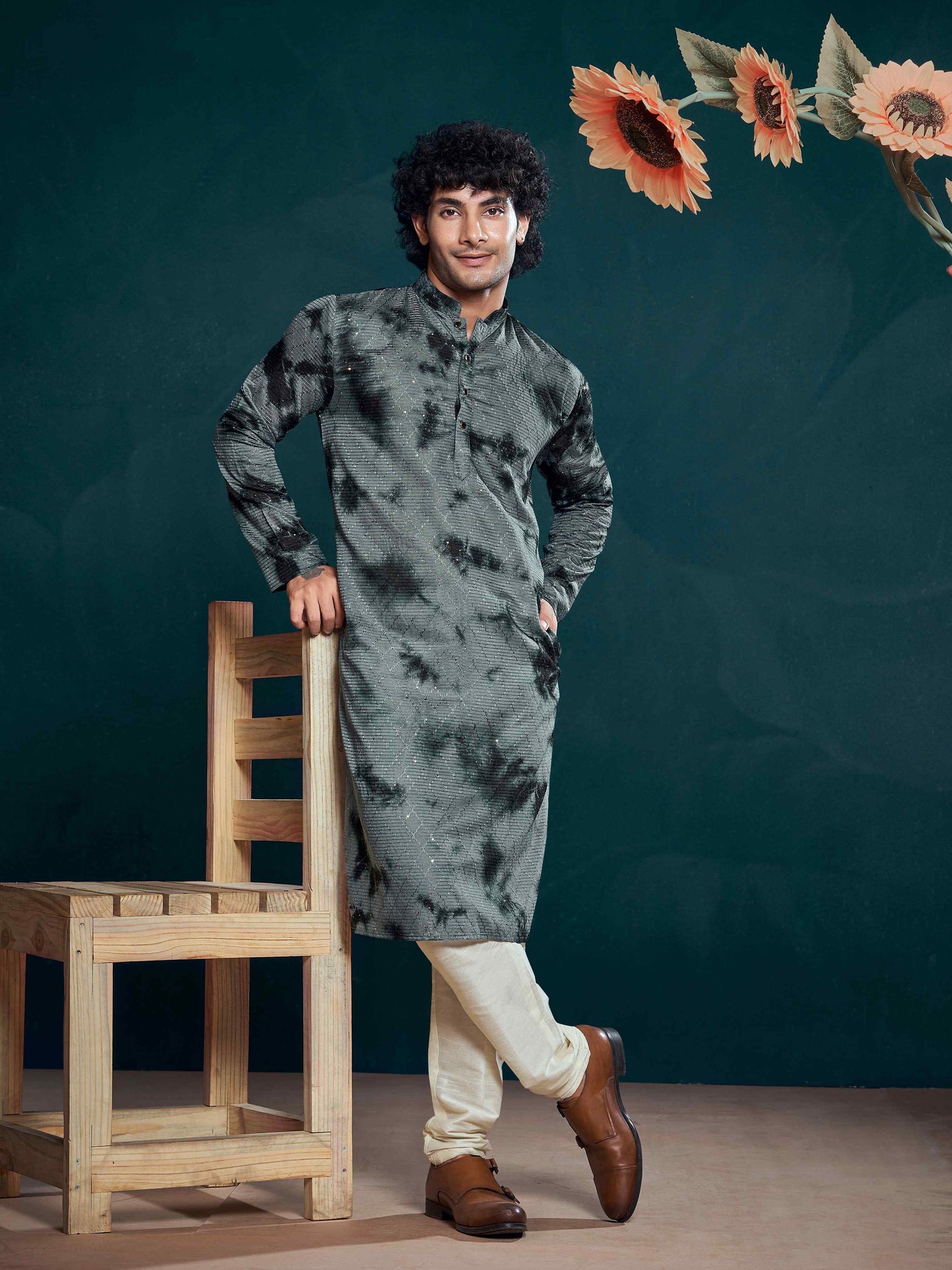 Flowy Grey Shibori Dyed Viscose Sequence Men's Kurta