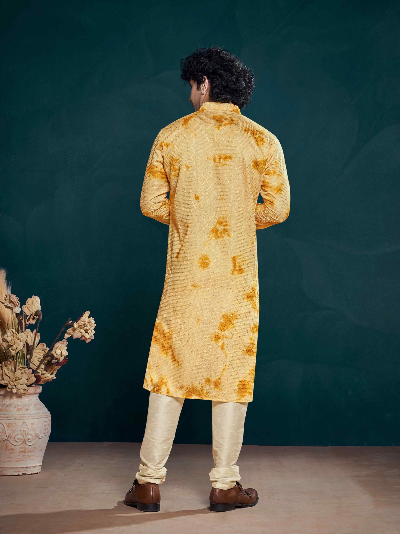 Flowy Yellow Shibori Dyed Viscose Sequence Men's Kurta