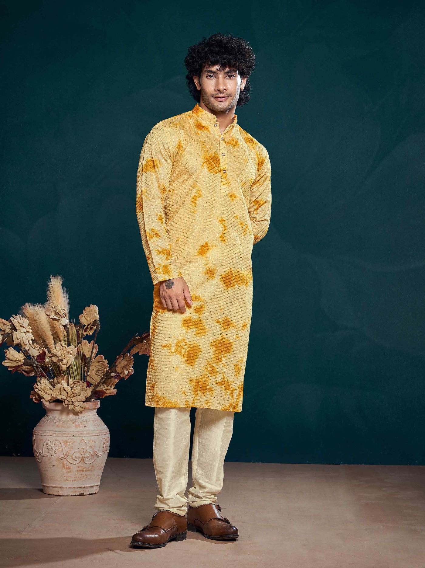 Flowy Yellow Shibori Dyed Viscose Sequence Men's Kurta