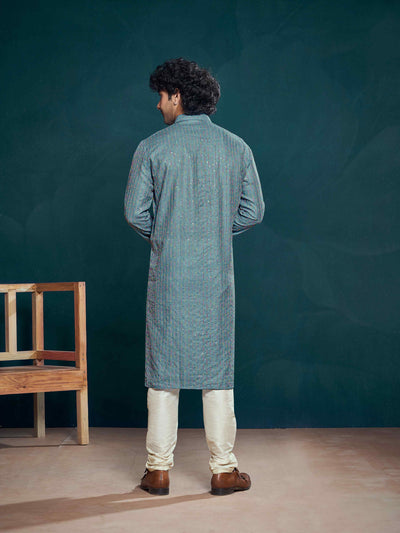 Blue Viscose Sequence Thread Work Men's Kurta