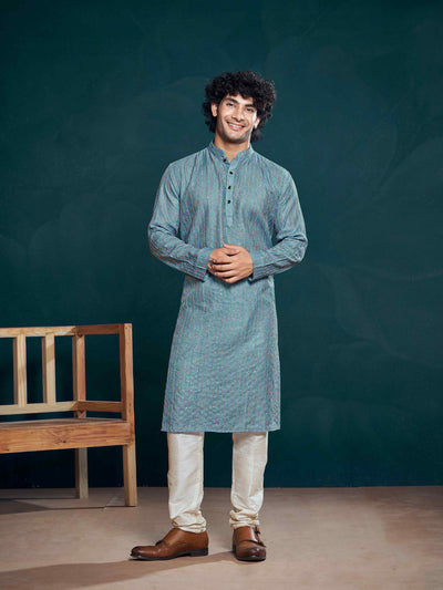 Blue Viscose Sequence Thread Work Men's Kurta