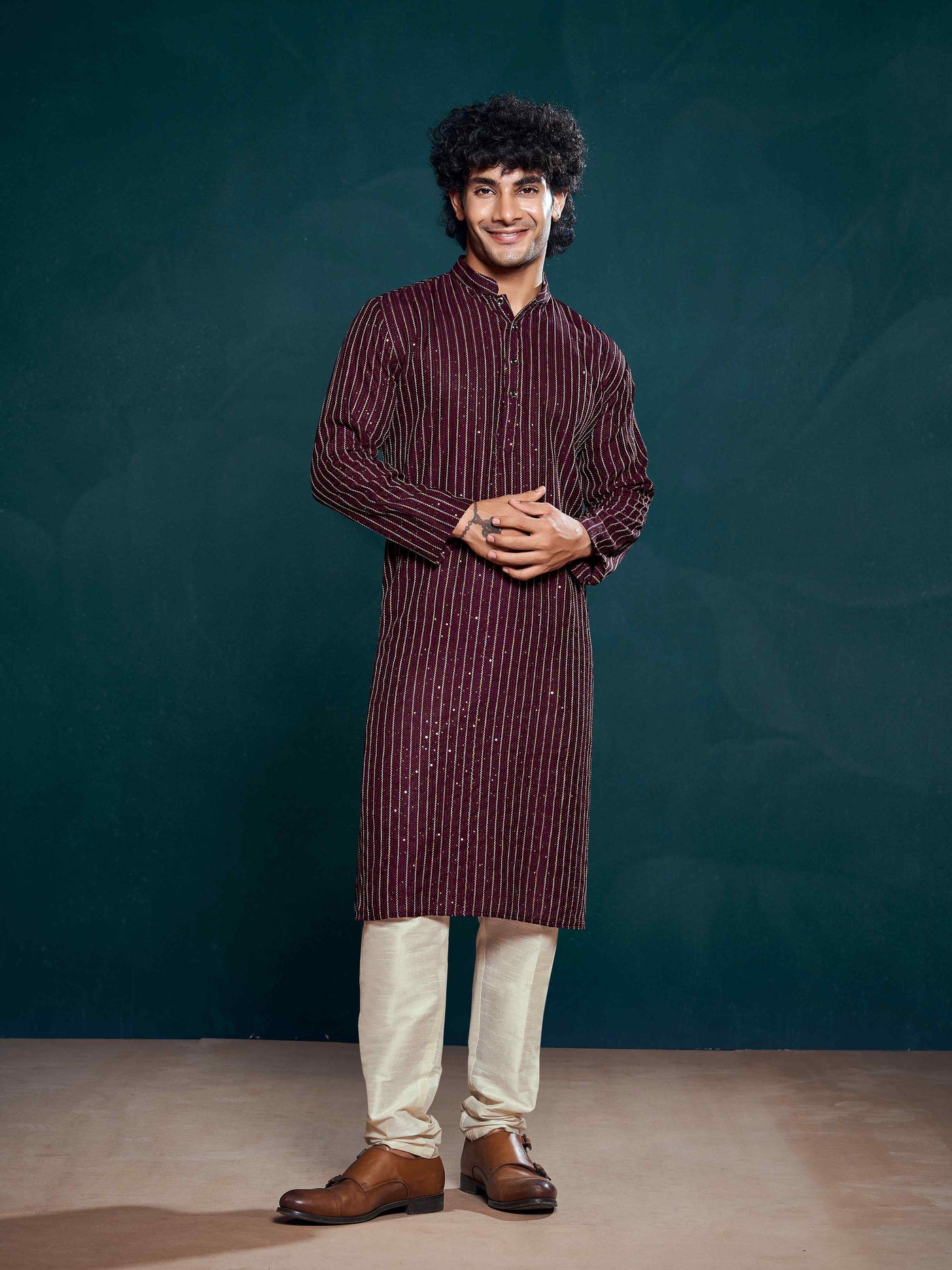 Wine Viscose Sequence Thread Work Men's Kurta