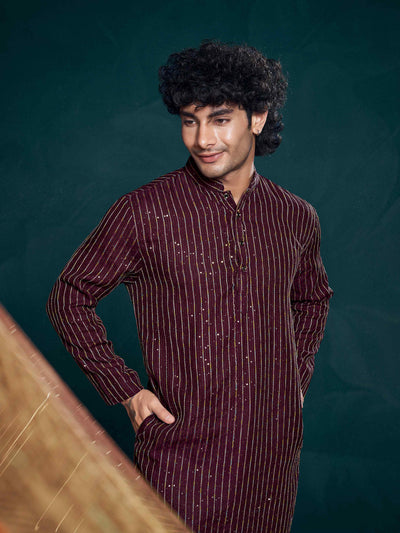 Wine Viscose Sequence Thread Work Men's Kurta