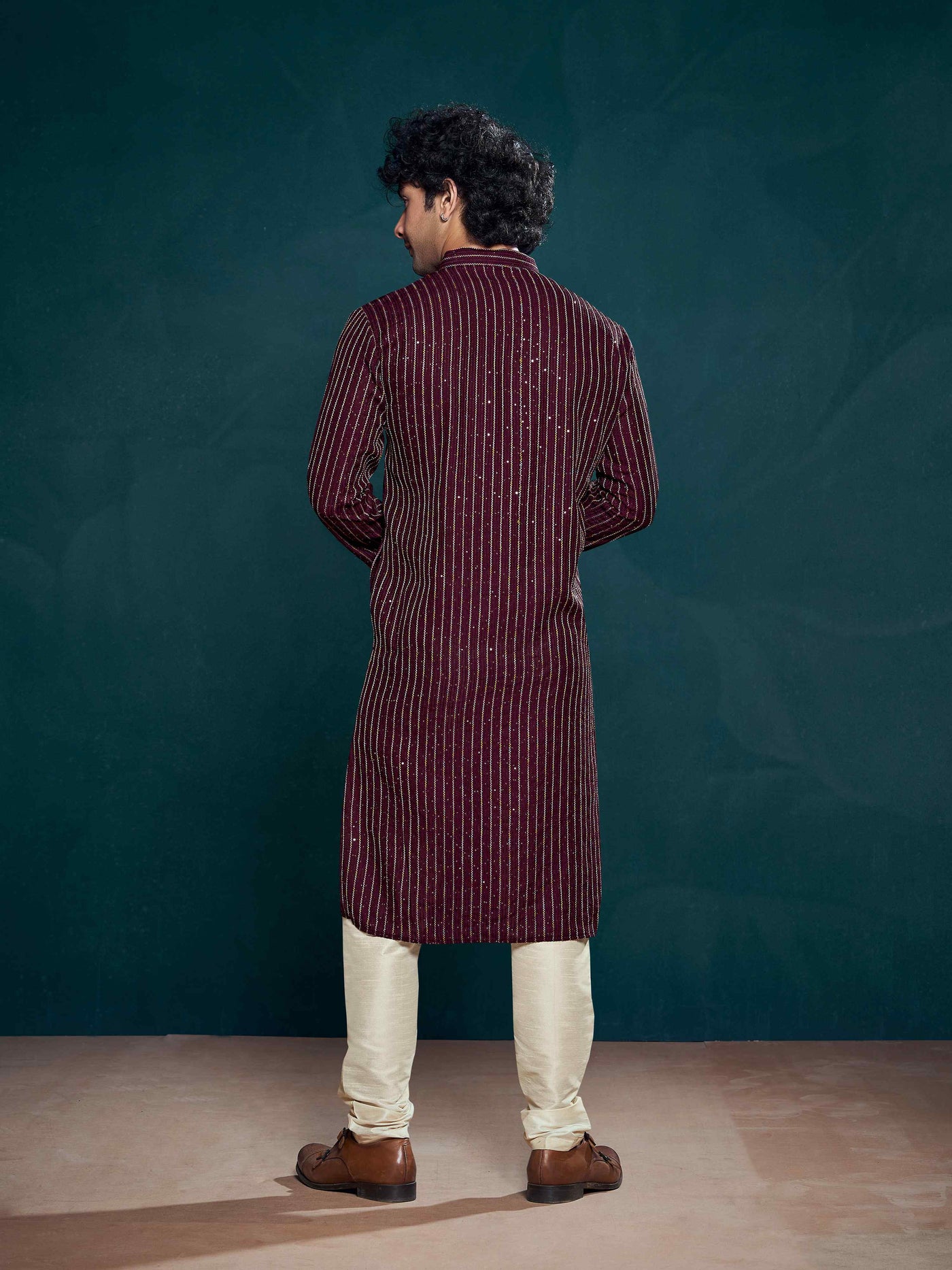 Wine Viscose Sequence Thread Work Men's Kurta