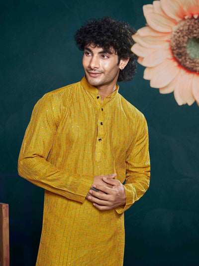 Yellow Viscose Sequence Thread Work Men's Kurta