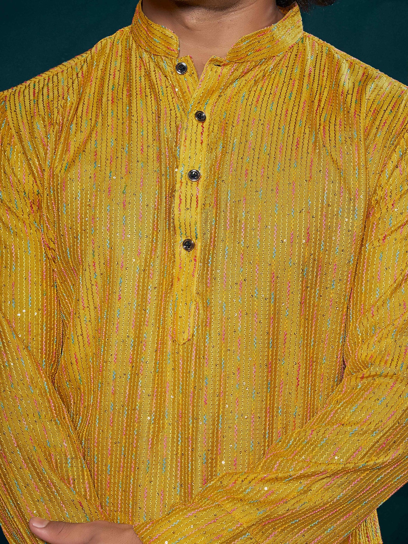 Yellow Viscose Sequence Thread Work Men's Kurta