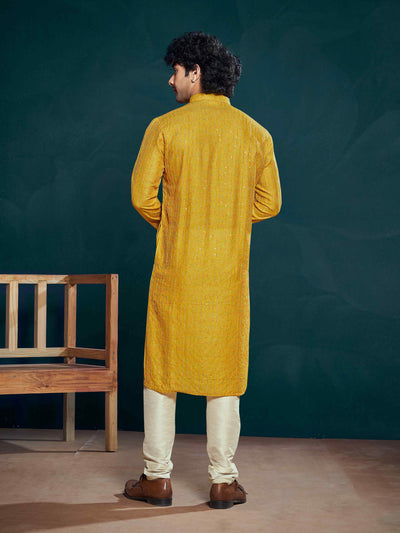 Yellow Viscose Sequence Thread Work Men's Kurta