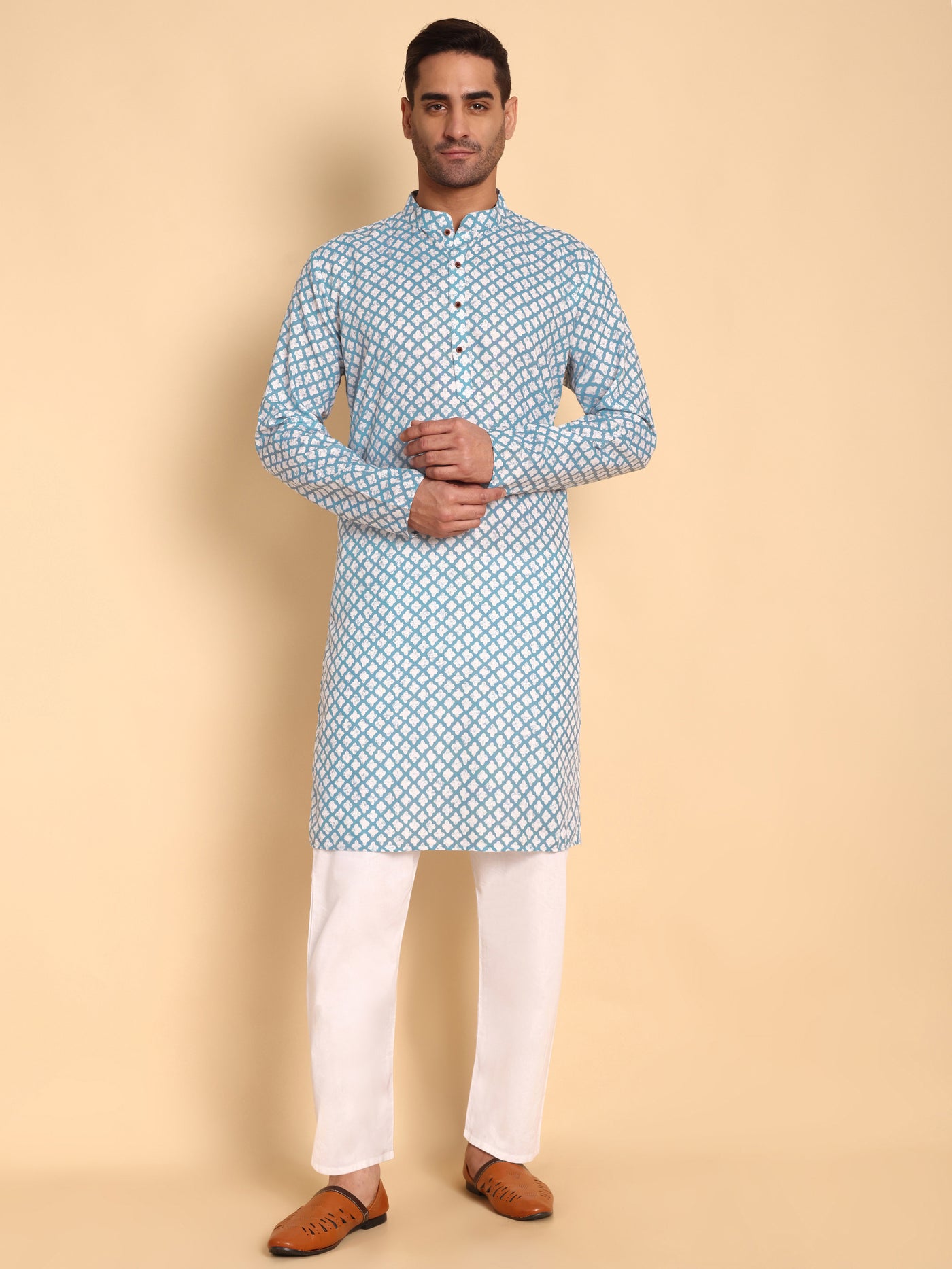 Traditional Blue Quatrefoil Printed Men's Cotton Kurta