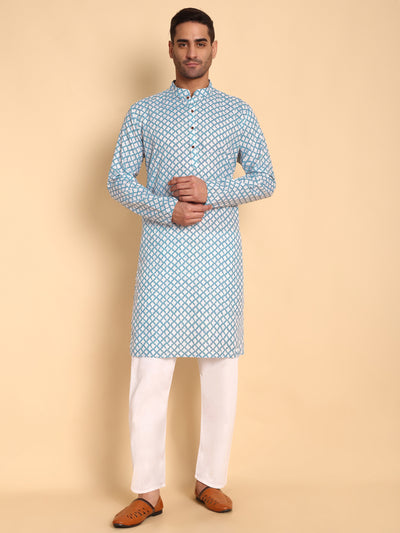 Traditional Blue Quatrefoil Printed Men's Cotton Kurta