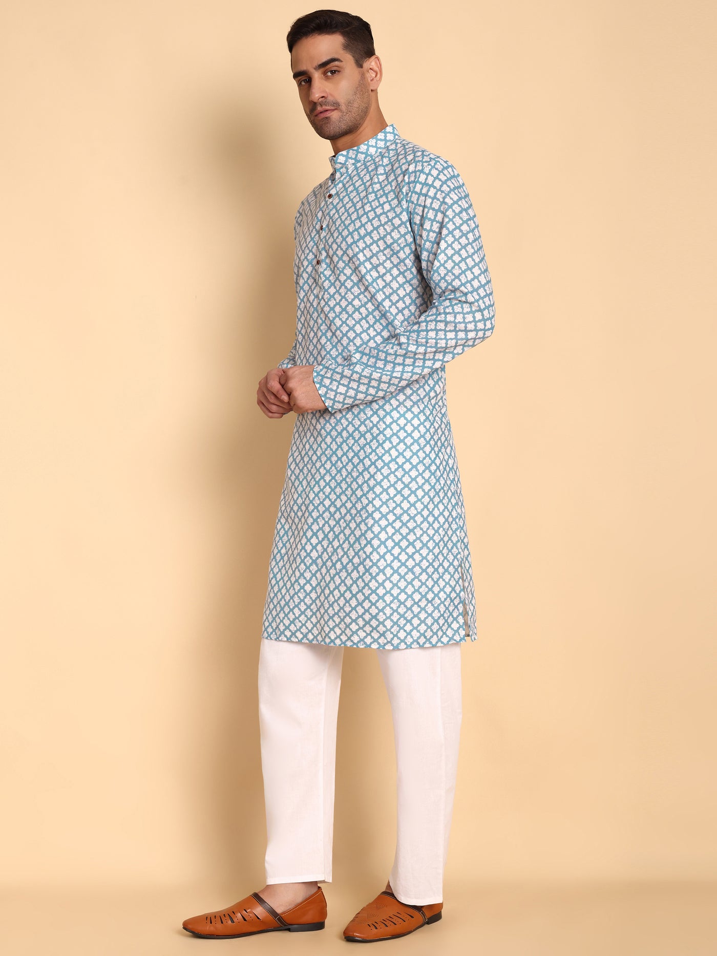 Traditional Blue Quatrefoil Printed Men's Cotton Kurta