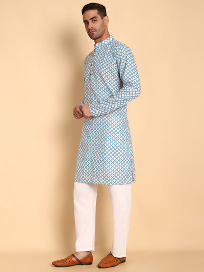 Traditional Blue Quatrefoil Printed Men's Cotton Kurta