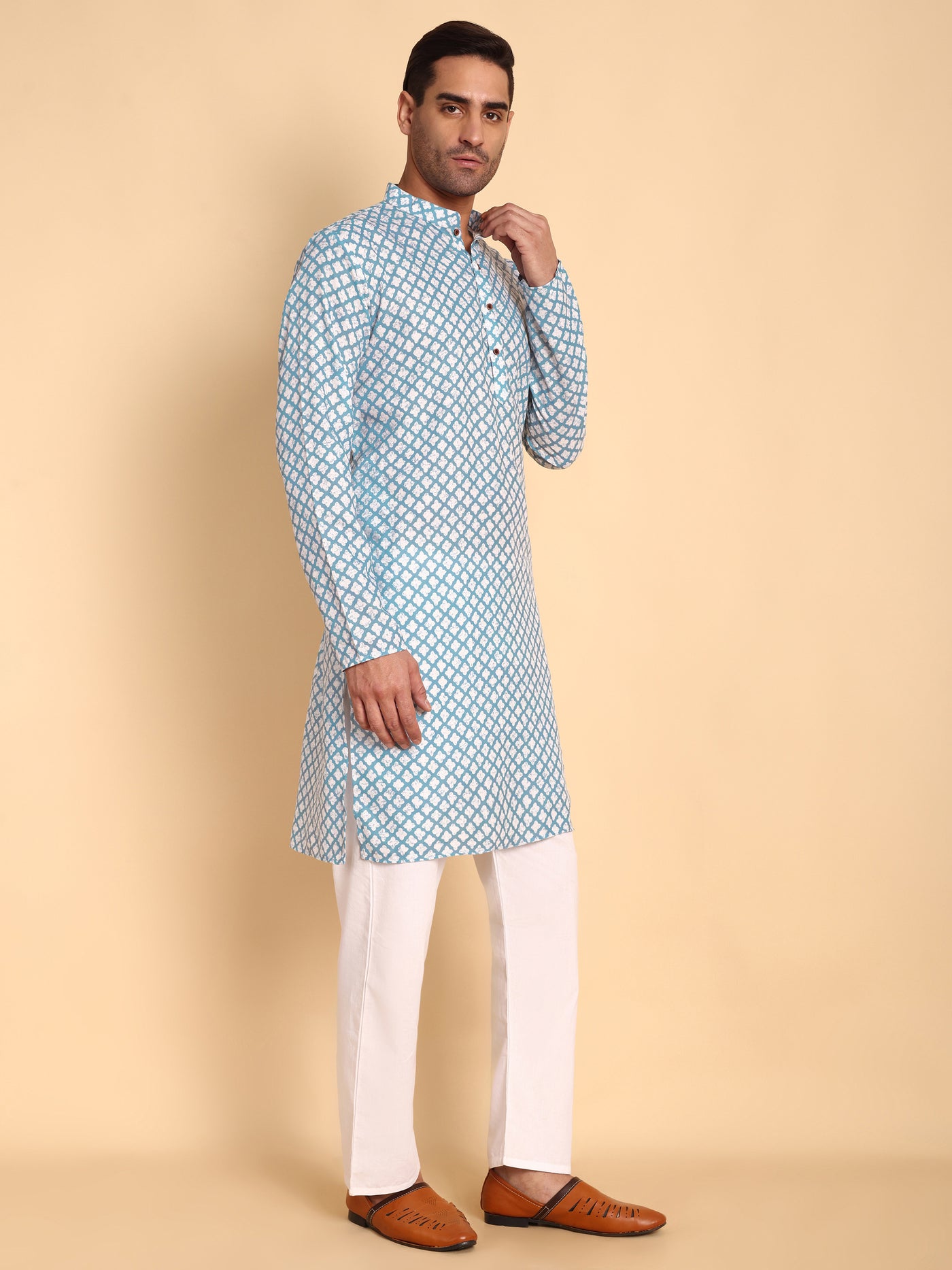 Traditional Blue Quatrefoil Printed Men's Cotton Kurta