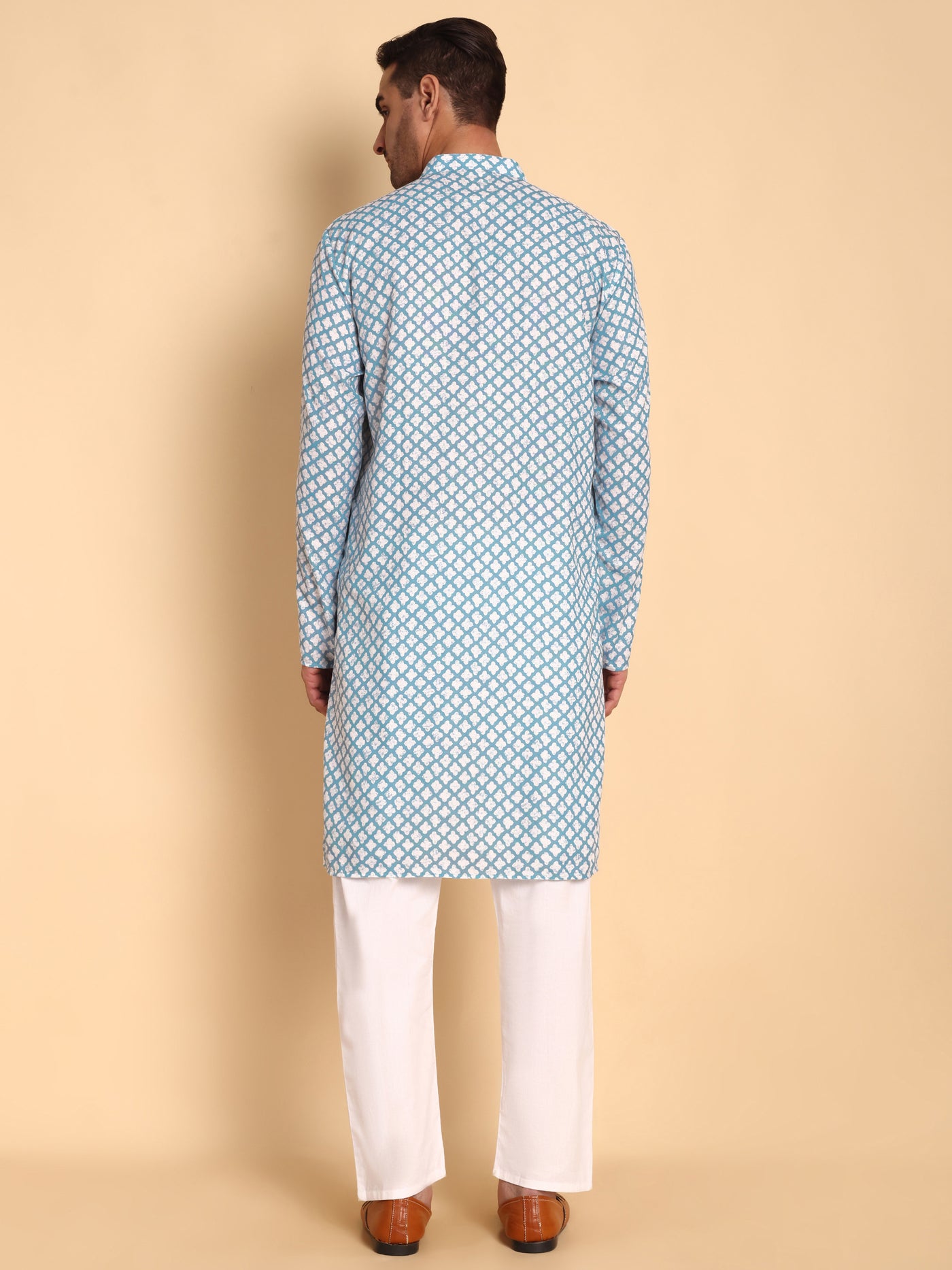 Traditional Blue Quatrefoil Printed Men's Cotton Kurta