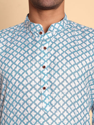 Traditional Blue Quatrefoil Printed Men's Cotton Kurta