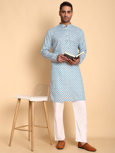 Traditional Blue Quatrefoil Printed Men's Cotton Kurta