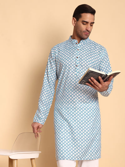 Traditional Blue Quatrefoil Printed Men's Cotton Kurta