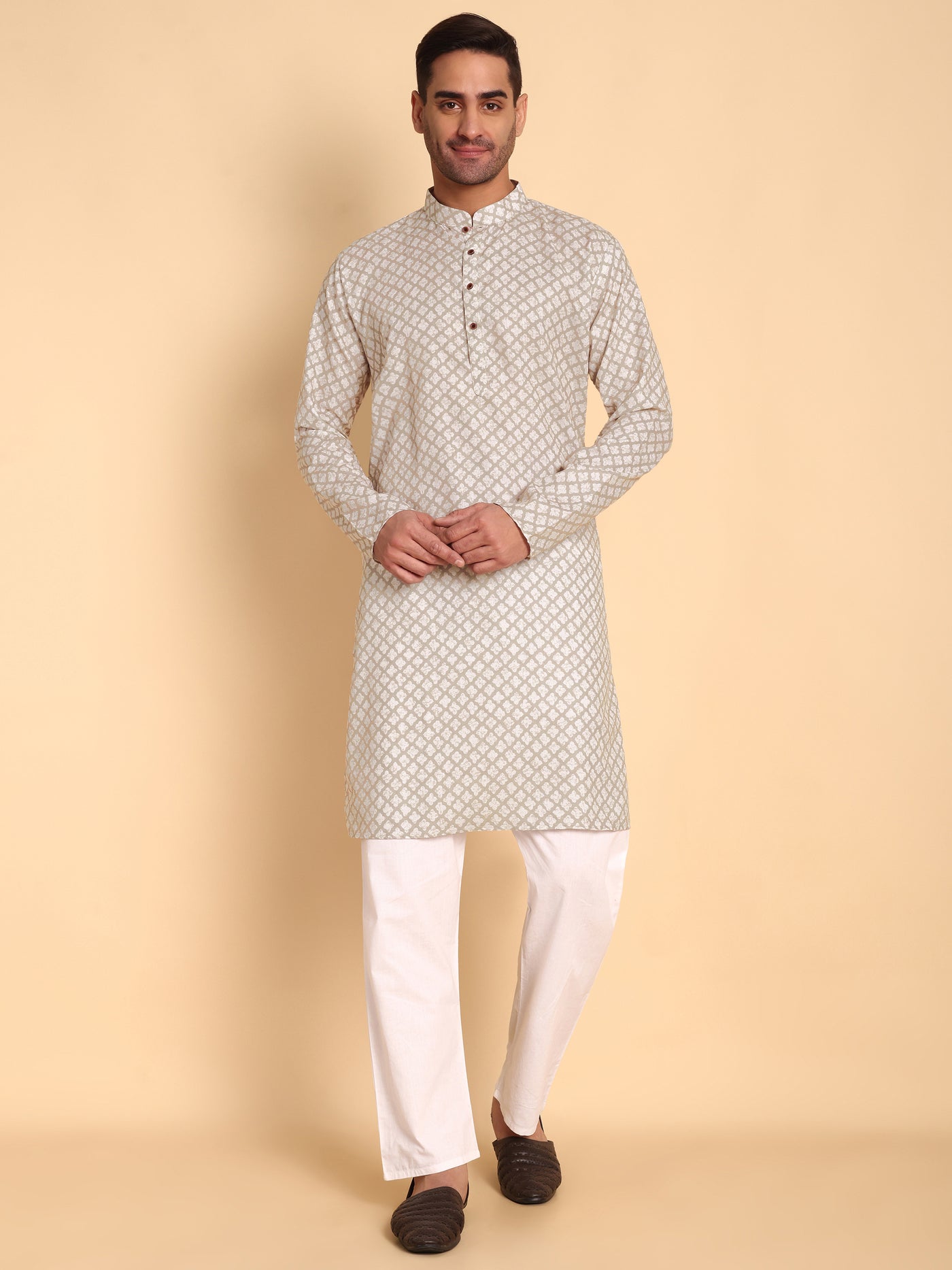 Traditional Cream Quatrefoil Printed Men's Cotton Kurta