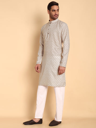 Traditional Cream Quatrefoil Printed Men's Cotton Kurta