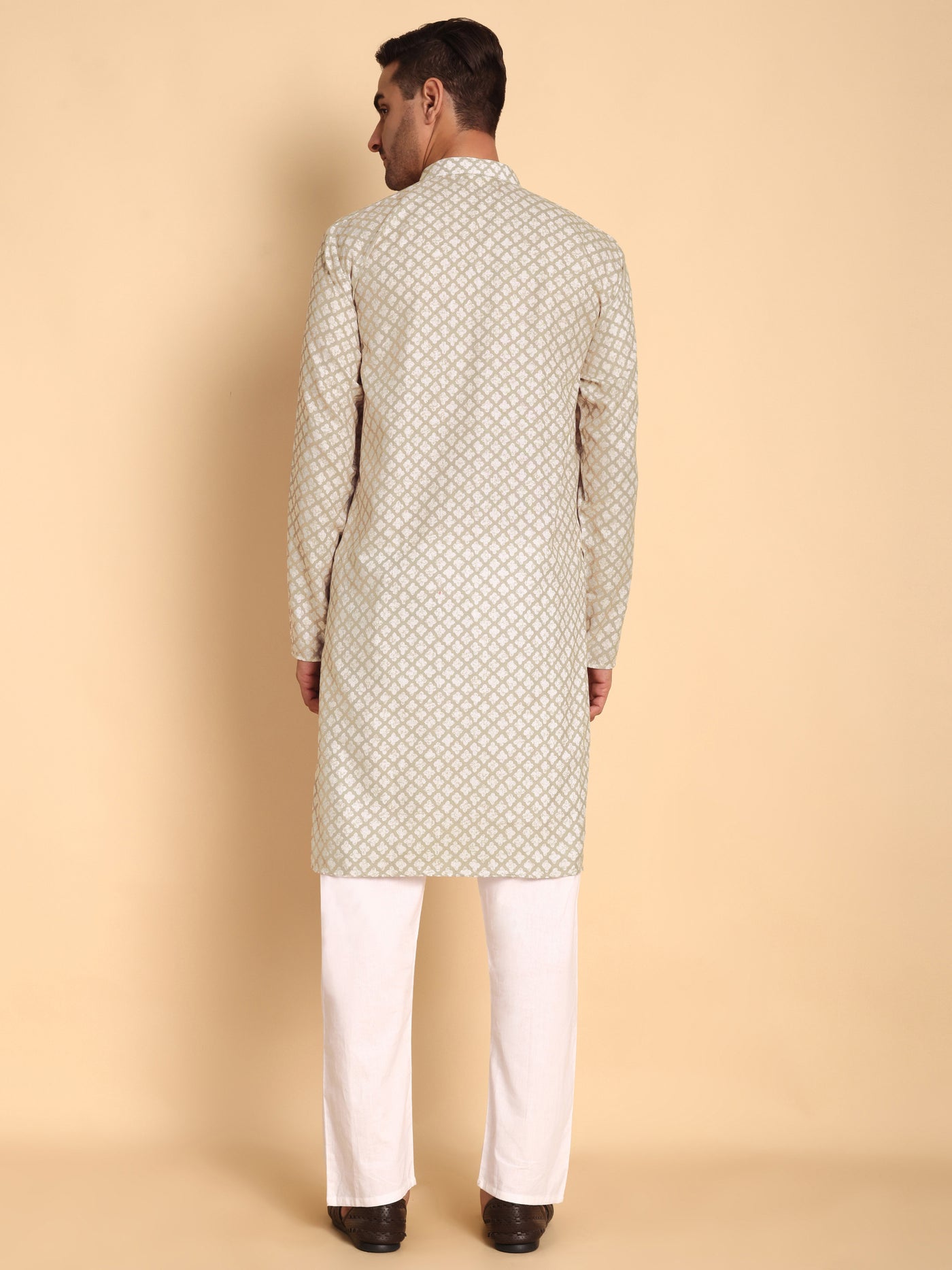 Traditional Cream Quatrefoil Printed Men's Cotton Kurta