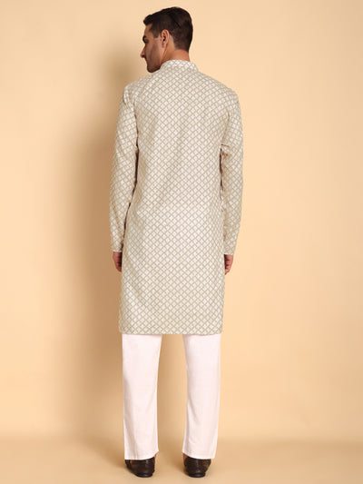 Traditional Cream Quatrefoil Printed Men's Cotton Kurta