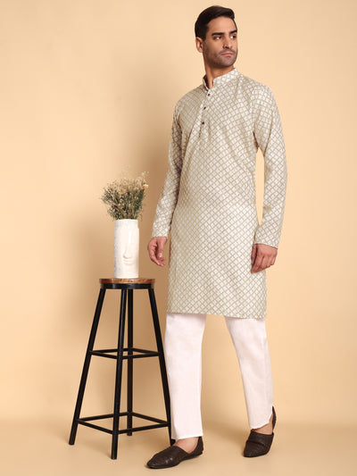 Traditional Cream Quatrefoil Printed Men's Cotton Kurta