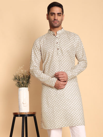 Traditional Cream Quatrefoil Printed Men's Cotton Kurta