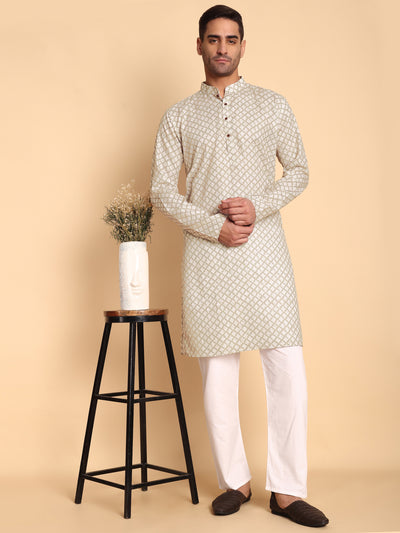 Traditional Cream Quatrefoil Printed Men's Cotton Kurta