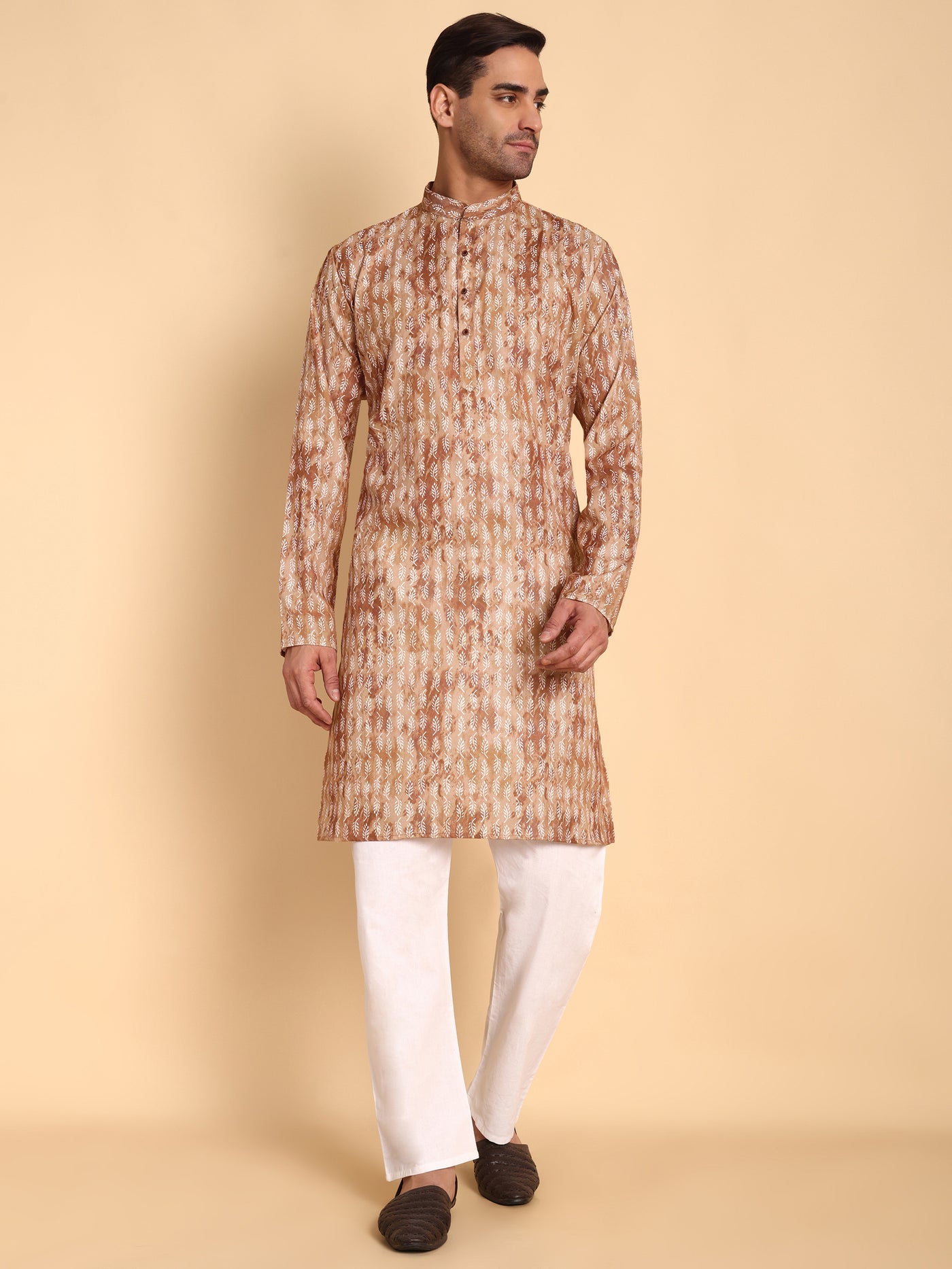 Traditional Coffee Brich Leaf Motif Printed Men's Cotton Kurta