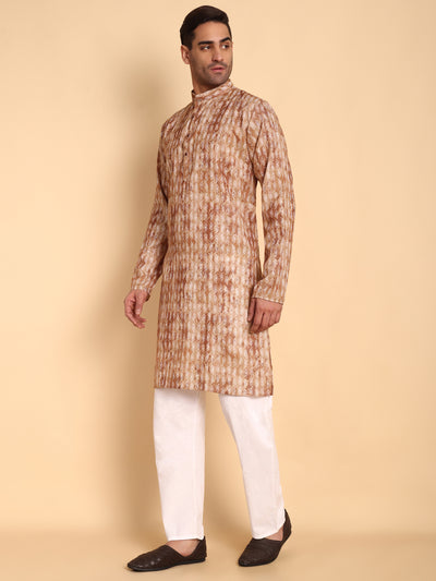 Traditional Coffee Brich Leaf Motif Printed Men's Cotton Kurta