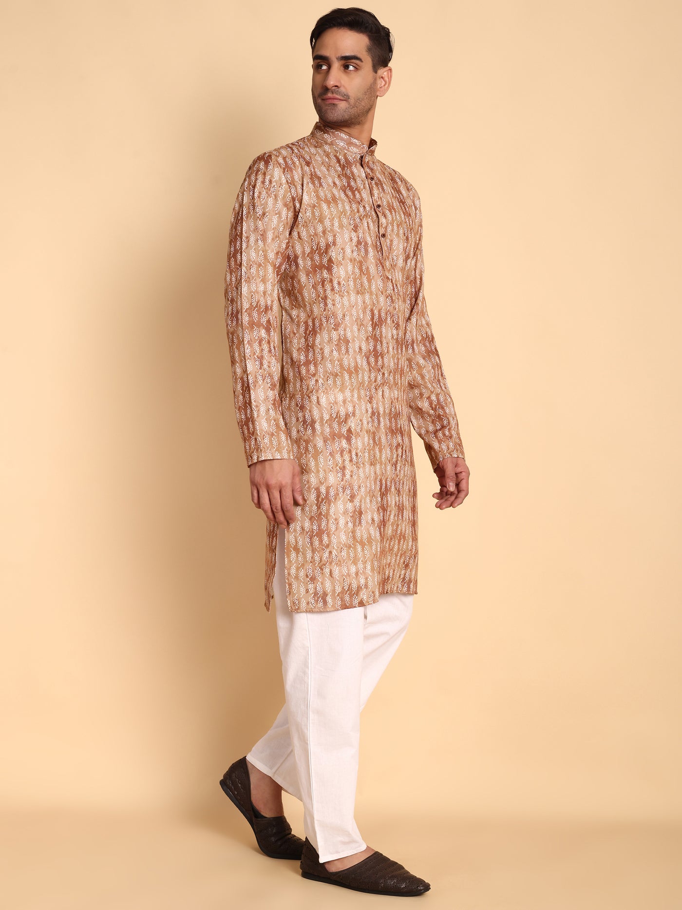 Traditional Coffee Brich Leaf Motif Printed Men's Cotton Kurta