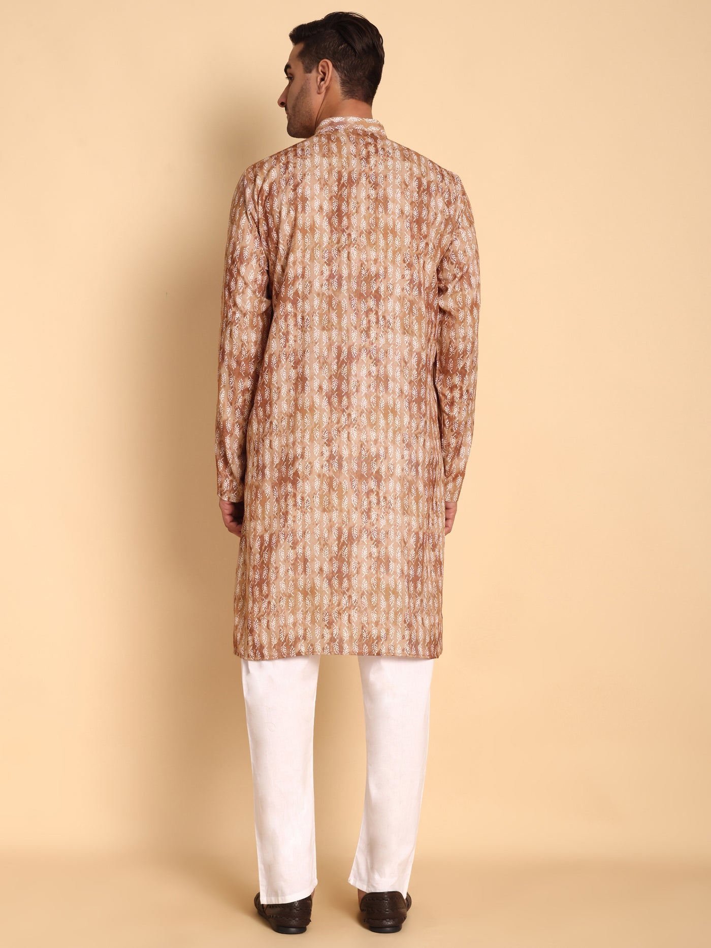 Traditional Coffee Brich Leaf Motif Printed Men's Cotton Kurta