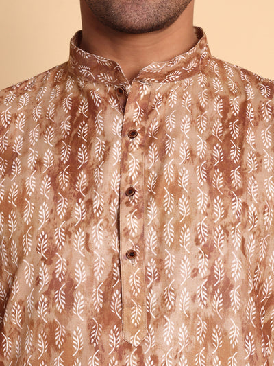 Traditional Coffee Brich Leaf Motif Printed Men's Cotton Kurta