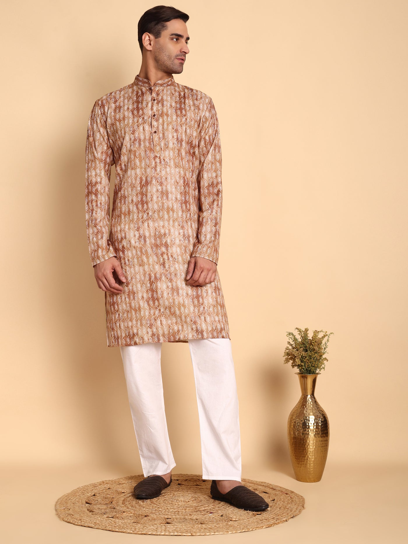 Traditional Coffee Brich Leaf Motif Printed Men's Cotton Kurta