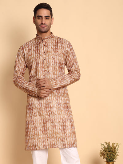 Traditional Coffee Brich Leaf Motif Printed Men's Cotton Kurta